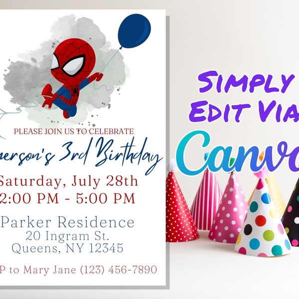 Invitation d’anniversaire Spidey, Invitation mignonne à une fête d’anniversaire Spiderman, Téléchargement instantané, Modèle modifiable Canva