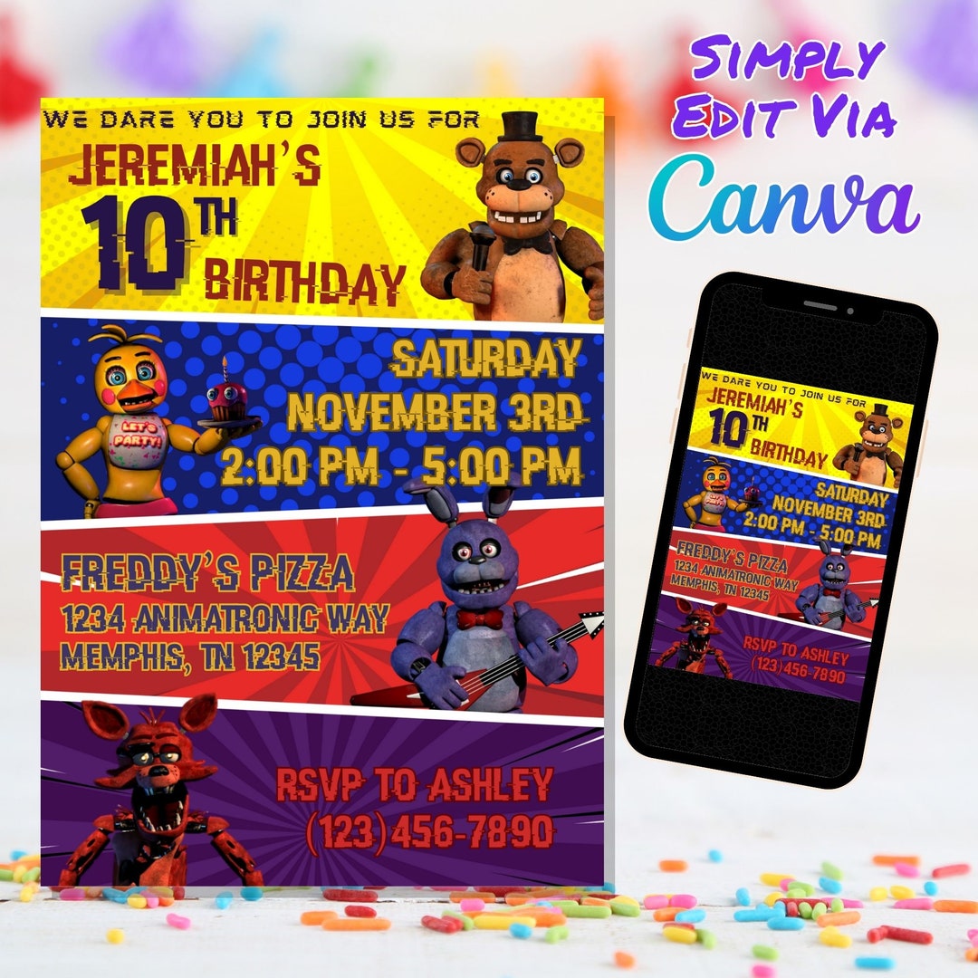 FNAF Birthday Invitation, Five Nights at Freddy Invite, Template Canva ...