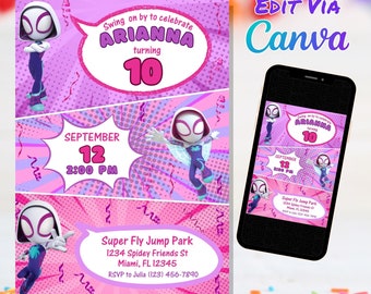 Invitación de cumpleaños de niña fantasma Spidey, fiesta de cumpleaños de Spidey Gwen, invitación de fiesta de Spider Gwen, plantilla de Canva