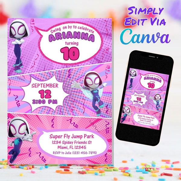 Girl Ghost Spidey Birthday Invitation, Spidey Gwen Birthday Party, Spider Gwen Party Invitation, Template Canva Template