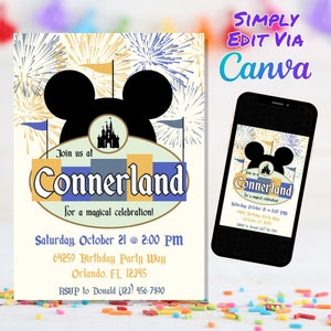 Magical Birthday Party Invitation, Retro Disneyland Invite, Mouse Birthday Party, Invitation, Template Canva Template
