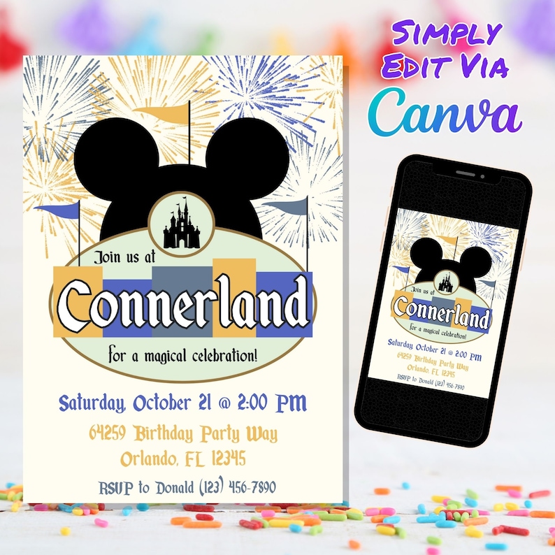 May include: A printable invitation for a birthday party with a Mickey Mouse theme. The invitation features a cartoon Mickey Mouse head with a castle in the background. The text on the invitation reads "Join us at Connerland for a magical celebration!" and includes the date, time, address, and RSVP information.