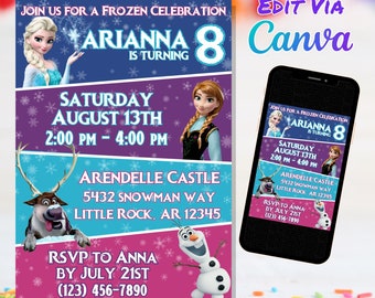 Frozen Birthday Invitation, Frozen Party Invite, Elsa Theme Evite, Template Canva Template