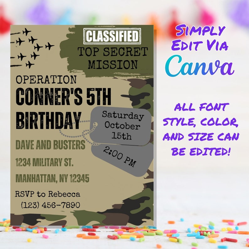 Military Theme Birthday Invitation, Camo Invite, Army Theme Invitation, Template Canva Template Edit and Print Today image 3