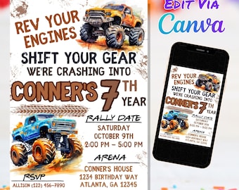 Invitación de cumpleaños de Monster Truck, invitación de Monster Jam, invitación temática de Monster Truck, plantilla de Canva (edítela e imprímela hoy mismo)