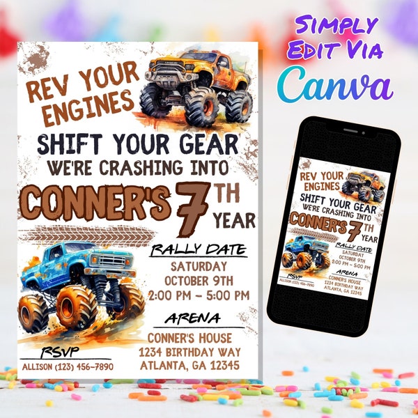 Monster Truck Birthday Invitation, Monster Jam Invite, Monster Truck Theme Invitation, Template Canva Template | Edit and Print  Today