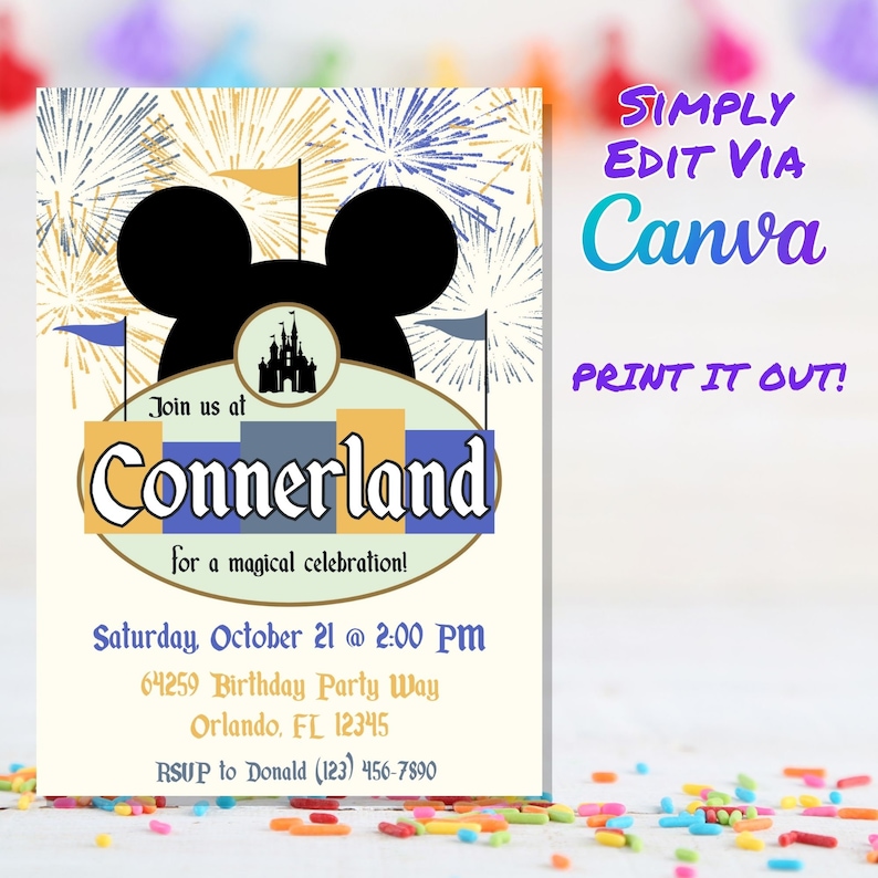 May include: A printable invitation for a birthday party at Connerland. The invitation features a Mickey Mouse silhouette with fireworks and a castle in the background. The text reads "Join us at Connerland for a magical celebration!"  Saturday, October 21 @ 2:00 PM, 64259 Birthday Party Way, Orlando, FL 12345, RSVP to Donald (123) 456-7890.  The invitation is designed to be edited using Canva and printed.