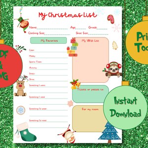 Kinder Weihnachtsliste, Brief an Weihnachtsmann, druckbare Geschenk Wunschliste, X-Mas Wunschliste, Urlaub Wunschliste Sofortiger Download