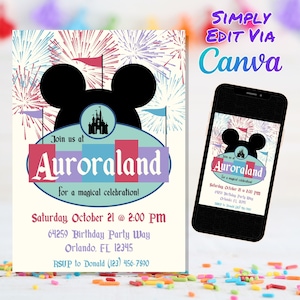Invitation à une fête d’anniversaire magique, invitation rétro Disneyland, fête d’anniversaire de souris, invitation, modèle Canva