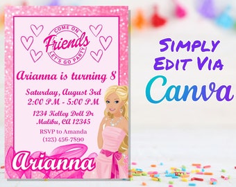 Doll Party Invitation, Doll Birthday Party, Hot Pink Party Invitation Doll Invitation, Template Canva Template | Edit and Print  Today