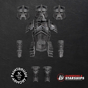 May include: A collection of metallic gray fantasy armor pieces, including a breastplate, helmets, and arm guards. The image includes the logos for "Paintbrush Armory" and "Dungeons & Starships".