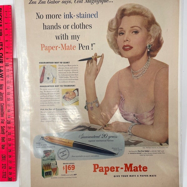 Vintage 1953 Zsa Zsa Gabor magazine ad for Paper-Mate Pens