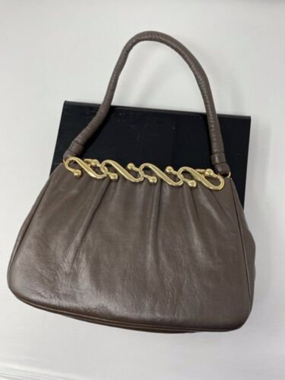 Etra Vintage Genuine Leather Brown Gold Metal Trim Purse Evening Bag