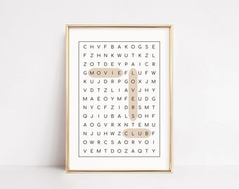 Movie Lovers Poster | Word Search Wall Decor | Cinema Art Print | Film Buff Printable | Cozy Cinephile Gift | Neutral Home Theater Sign