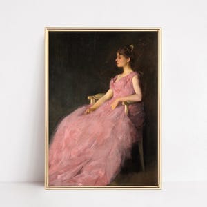 Lady in Pink Dress Art | Victorian Woman Painting | Fashion Print | Vintage Moody Aesthetic | Feminine Wall Decor | Elegant Blush Printable