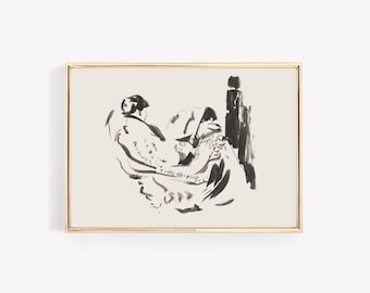 Lesende Skizze einer Frau | Gemütlicher Bücherwurm Druck | Neutrale literarische Wandkunst | Vintage Licht Academia Dekor | Figur Tuschezeichnung | Druckbares Poster