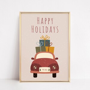 Happy Holidays Print | Christmas Car Wall Art | Snow Scene Illustration | Printable Boho Winter Decor | Cozy Kids Poster | Modern Snowy Sign