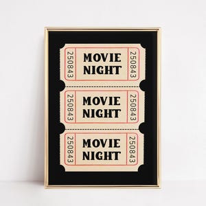 Sztuka ścienna na wieczór filmowy | Wydruk biletów wstępu | Dekoracja na imprezę w czarnym kinie | Moody Retro Home Theater Printable | Plakat dla miłośników fajnych filmów