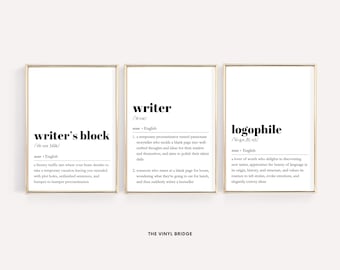 Muurkunst schrijversdefinitie | Set van 3 prints | Motivatiecitaten schrijven | Grappige woordenboekposters | Decor van de auteur van het boek | Borden slaapzaal