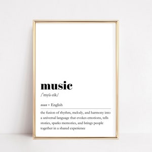 Muziekdefinitie-afdruk | Woordenboekkunst aan de muur | Muzikale woordenposter | Vinylplatendecoratie | Positieve offerte afdrukbaar | Minimalistische typografie