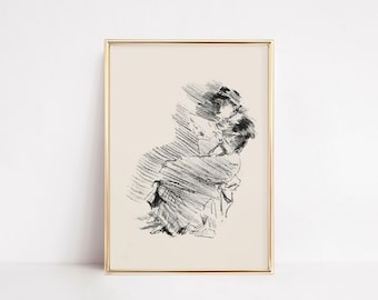 Lesende Frau Zeichnung | Figur Studie Skizze Kunst | Bücherwurm Wanddruck | Vintage Literarisches Dekor | Neutral bedruckbar | Retro Lithographie-Poster