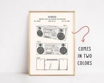 May include: A vintage patent drawing of a boombox, titled "BOOMBOX COMBINED RADIO AND CASSETTE TAPE RECORDER" with the patent number 276908 and date December 25, 1994. The drawing shows three different views of the boombox.