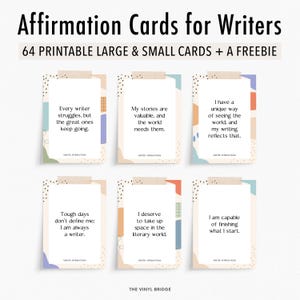 Cartes d'affirmations imprimables pour écrivains | 64 citations d'écriture inspirantes | Cadeau de motivation pour auteurs | Décoration de bureau État d'esprit positif