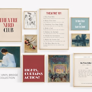 Theatermuurkunstgalerij | Set van 10 prenten | Broadway Lover Decor | Vintage dramaposters | Afdrukbaar muzikaal citaat | Inspirerend acteurscadeau