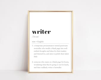 Impresión de definición de escritor / Arte mural con diccionario divertido / Letrero de motivación para escribir / Decoración literaria / Cita ingeniosa imprimible / Póster de tipografía