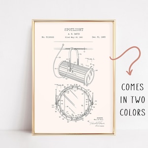 Patentafdrukken theaterspotlight | Retro blauwdrukkunst | Illustratie theaterverlichting | Poster Uitvindingsschets | Afdrukbaar dramamuurdecor