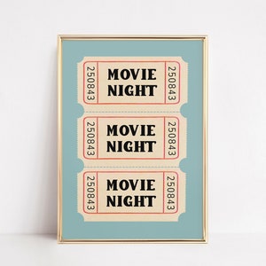 Kaartjes filmavond afdrukken | Afdrukbare retro bioscoopfilm | Groenblauwe toegangsstrook | Theaterkamer Woondecoratie | Muurkunst bewegende beelden