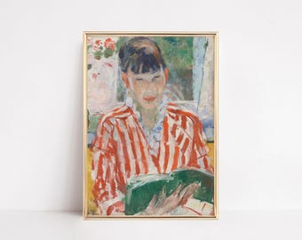 Impresión artística de mujer leyendo / Decoración acogedora de pared de biblioteca / Pintura vintage de ratón de biblioteca / Imprimible para amantes de los libros / Regalo literario / Estética primaveral