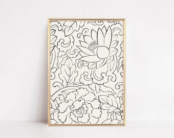 Arte mural con bocetos florales / Impresión botánica neutra / Póster japonés en xilografía / Dibujo floral vintage / Ilustración minimalista imprimible