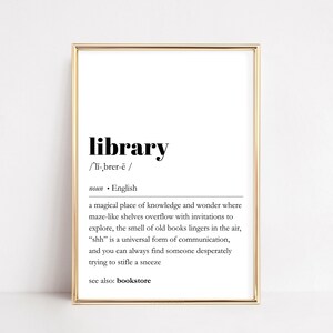 Impresión de definición de biblioteca / Decoración de diccionario divertida / Cita de libros imprimible / Arte de pared literario / Póster para amantes de los libros / Tipografía minimalista