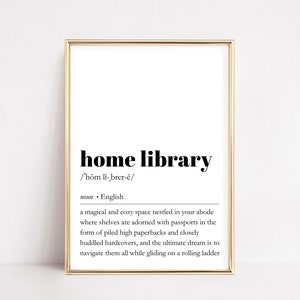 May include: A black and white printable definition of the word "home library" with the pronunciation and a description of a home library as a magical and cozy space.
