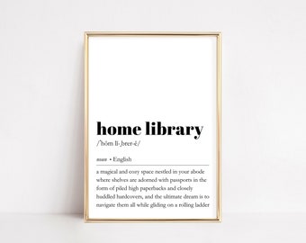 Home Library Definition Print | Dictionary Word Meaning Poster | Bookish Quote Wall Art | Reading Nook Typography | Printable Literary Decor