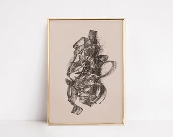 Afdrukbare houtskooltekening | Abstracte schetskunstafdruk | Moderne krabbelposter | Neutrale vintage wanddecoratie | Minimalistische krijtillustratie