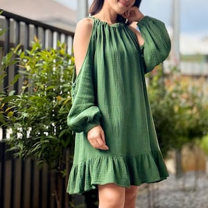 Off Shoulder Dress | Puff  Sleeve Dress | Cotton Dress | Double Gauze dress |Ruffled hem Double Gauze dress