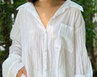 Muslin Double Gauze Blouse | Cotton Loose Fit Shirt | Summer Shirt | Beach Wear | Swimsuit Cover