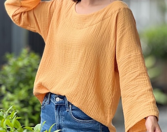 Double Gauze Scoop Neck Loose-Fitting Long-Sleeve Blouse