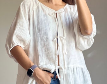 Muslin Double Gauze Loose String-Tie Blouse