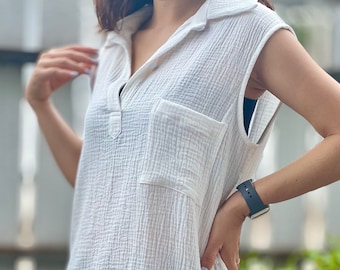 Double Gauze Collared Loose-Fitting Sleeveless Blouse