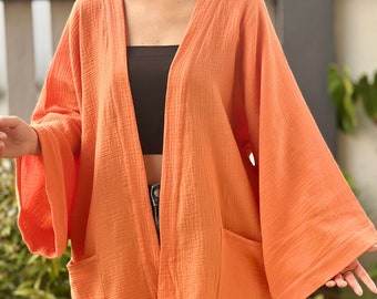 Muslin Double Gauze Kimono Loose Cover Up With Pockets