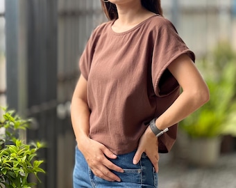 Cotton Scoop Neck Loose-Fitting Blouse