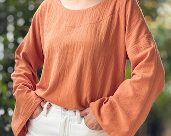 Double Gauze Scoop Neck Loose-Fitting Long-Sleeve Blouse