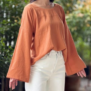 Cotton Scoop Neck Loose-Fitting Long-Sleeve Blouse