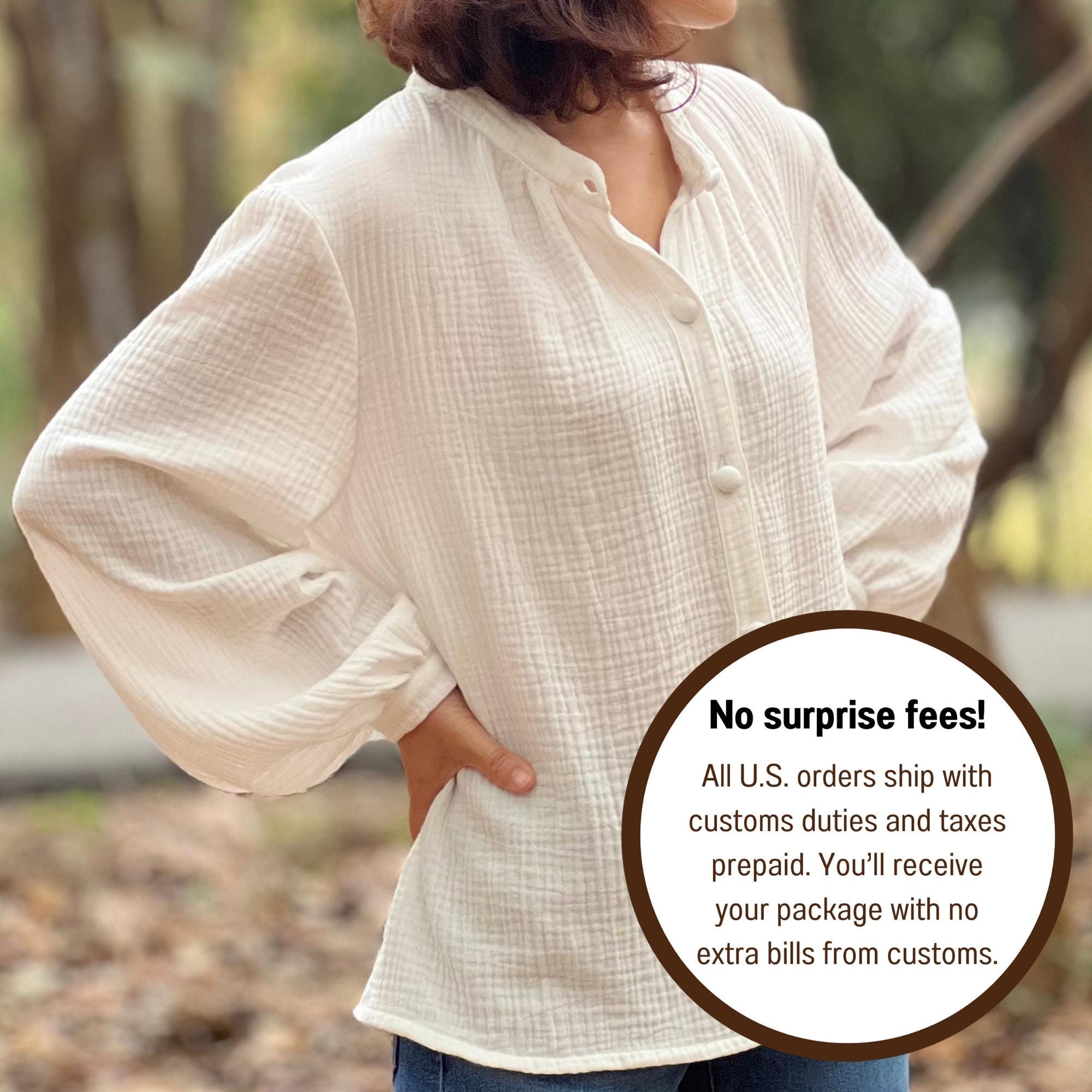 Muslin Double Gauze Band Collar Blouse | Crepe Cotton Loose Fit 