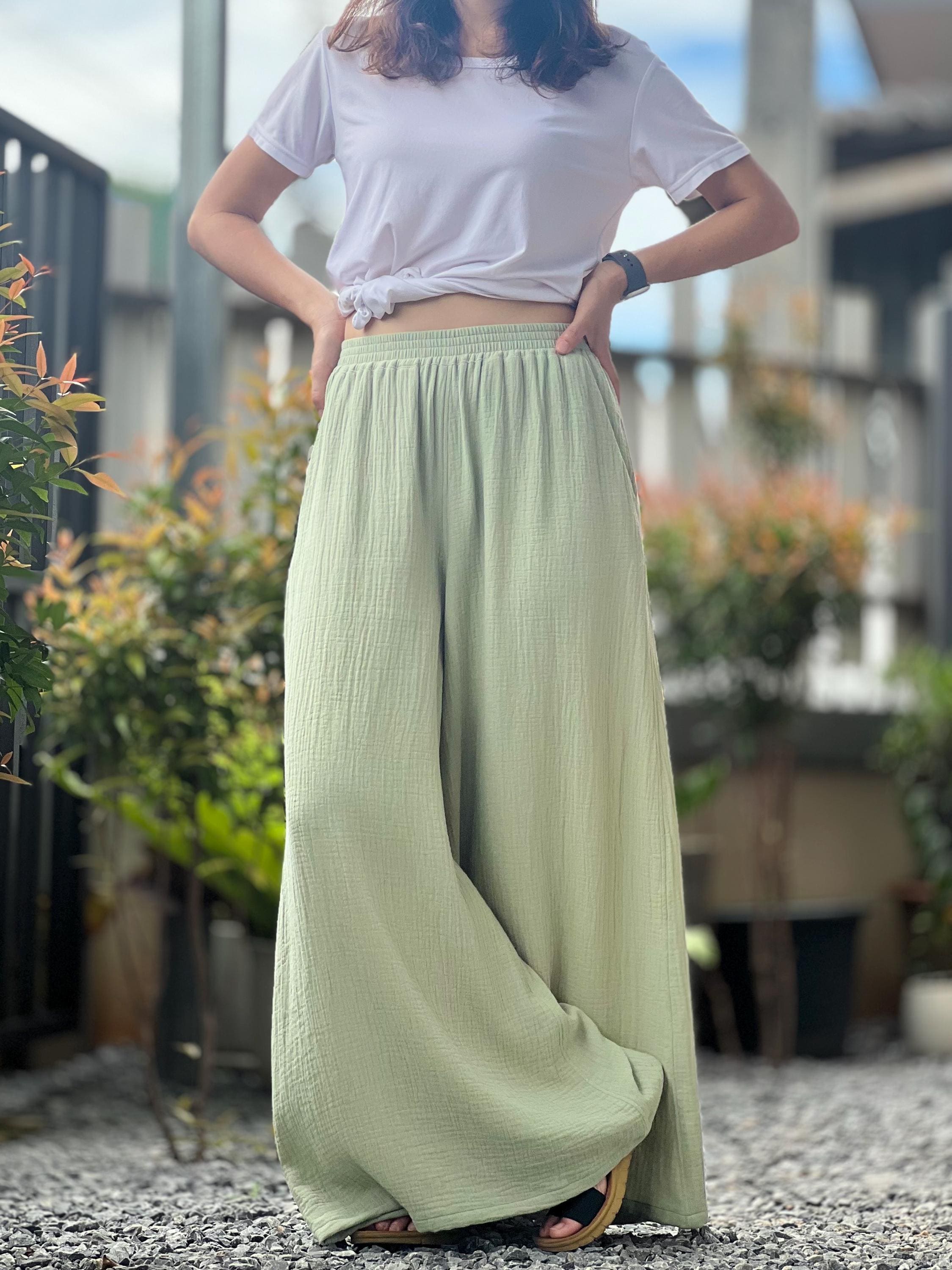 【BAON】Kaillis Washing Wide Cotton Pants Women Summer Palazzo Pants High Elastic Waisted Cotton Linen