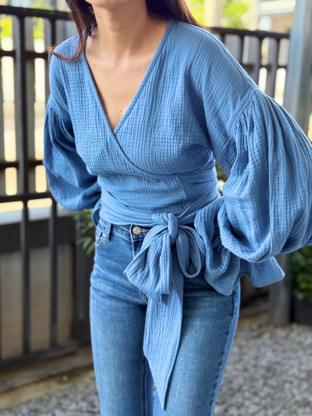 Embroidered Puff Sleeve Double Gauze Top