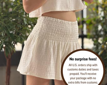 Double Gauze Muslin Smocked Waist Shorts